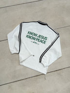 Know Jesus, Know Peace Signature White Striped Collar Sweatshirt | Peace®