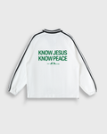 Know Jesus, Know Peace Signature White Striped Collar Sweatshirt | Peace®